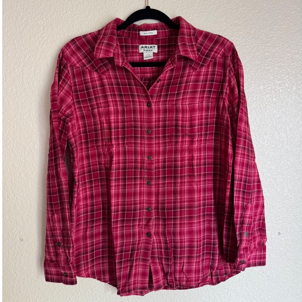 Ariat REAL Plaid Button Down Shirt Large Red Western Cowgirl Rodeo Light Flannel